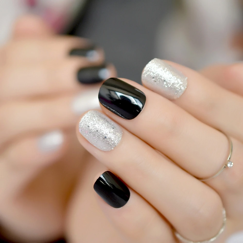 Sparkly Silver Glitter False Nails Short Classic Black Press On Fake Nails Full Cover Acrylic Bling Wear Nail Art Accessories image 3