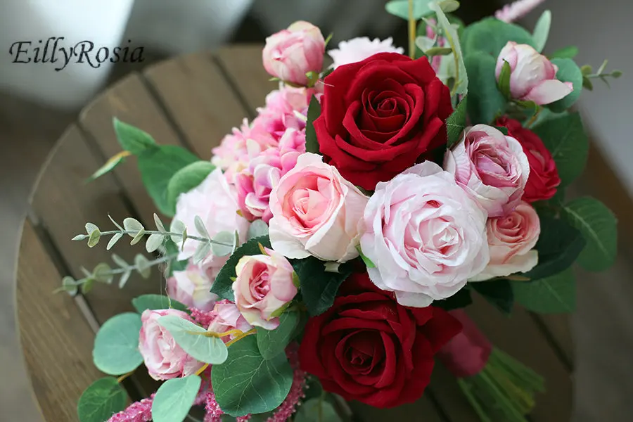 Novo buquê de casamento mariage vermelho rosa hortênsia rosa articielle simulação noiva fotografia segurando flor país buquê de noiva