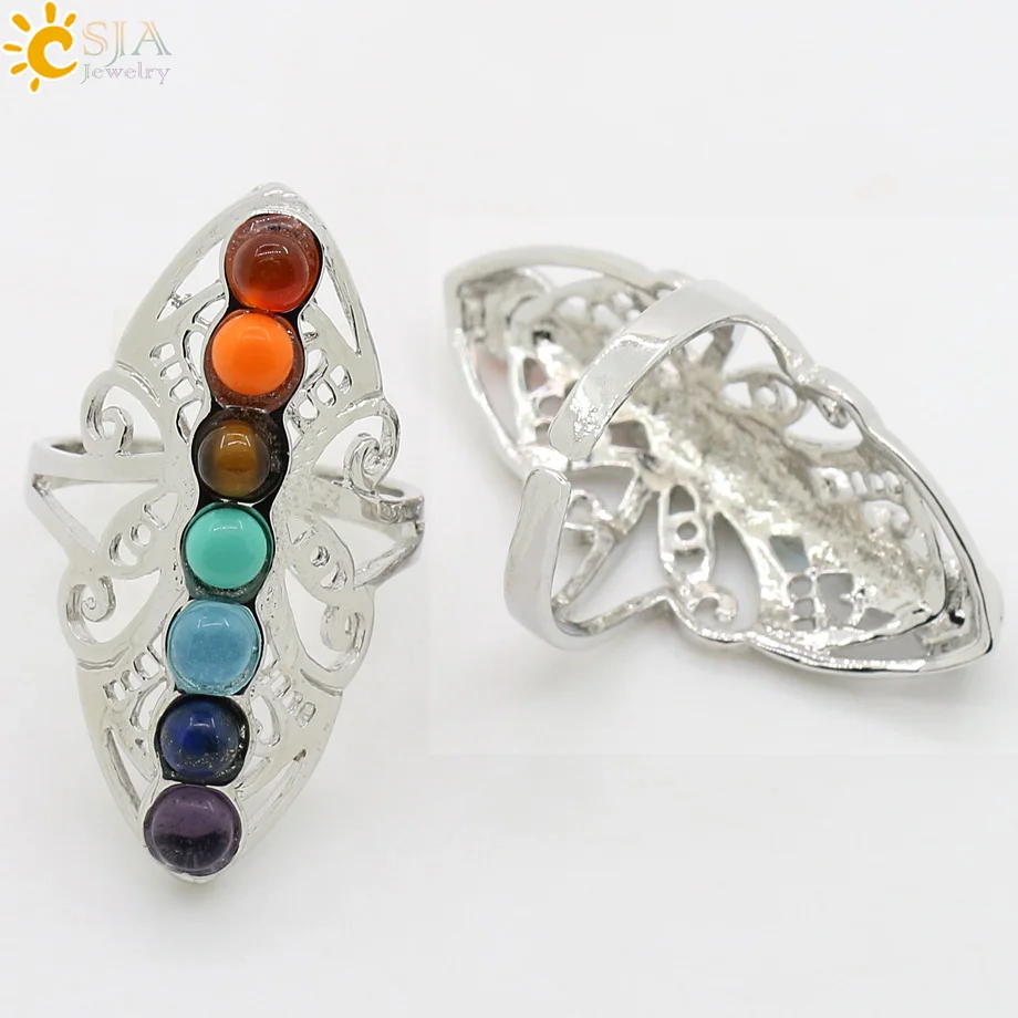 CSJA 7 Chakra Stone Bead Finger Rings Reiki Balance Meditation Healing Point Charm Adjustable Yoga Hollow Flower Women Ring E064