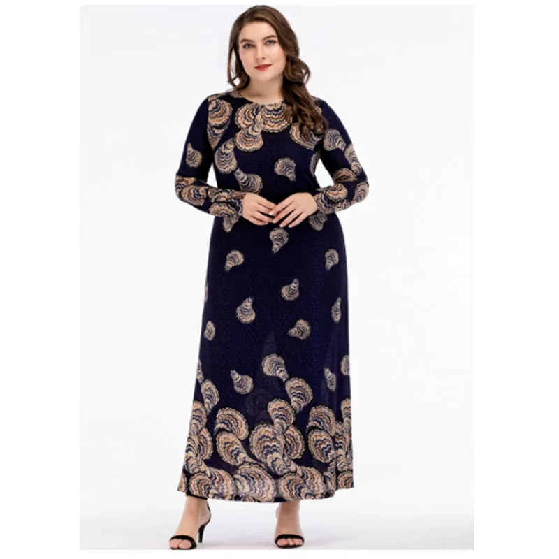 Woman Pattern Printed Long Sleeve Plus Size Muslim Dress Middle East Dresses Islamic Garment Islamic Spring Maxi Skirt