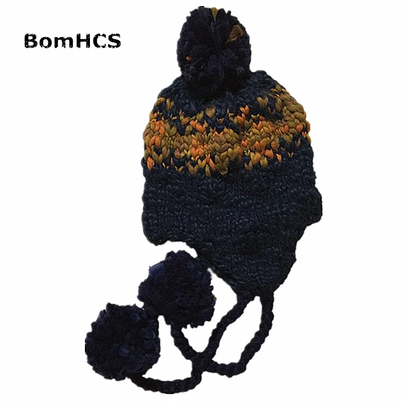 BomHCS Women's Winter Warm Mosaic Big-belly Yarns Earflap Beanie 100% Handmade Knit Hats