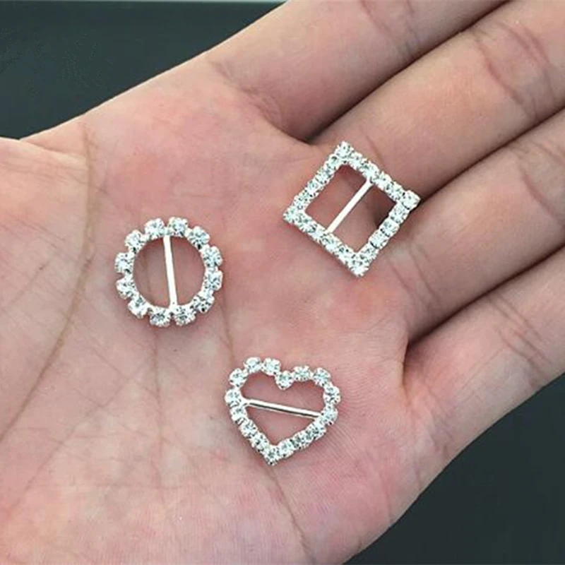 10Pcs/pack Round Square Heart Shape Crystal Rhinestone Buckle Invitation Wedding Ribbon Slider For Wedding Silver Accessories