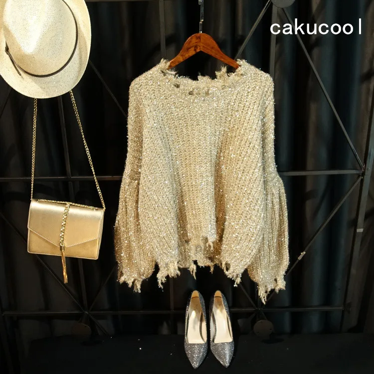 

Cakucool Hot gold lurex Knit Top Women Long Lantern Sleeve Big O-neck Holes Ripped Loose Embellish Sweater Jumper Knit Pull Girl