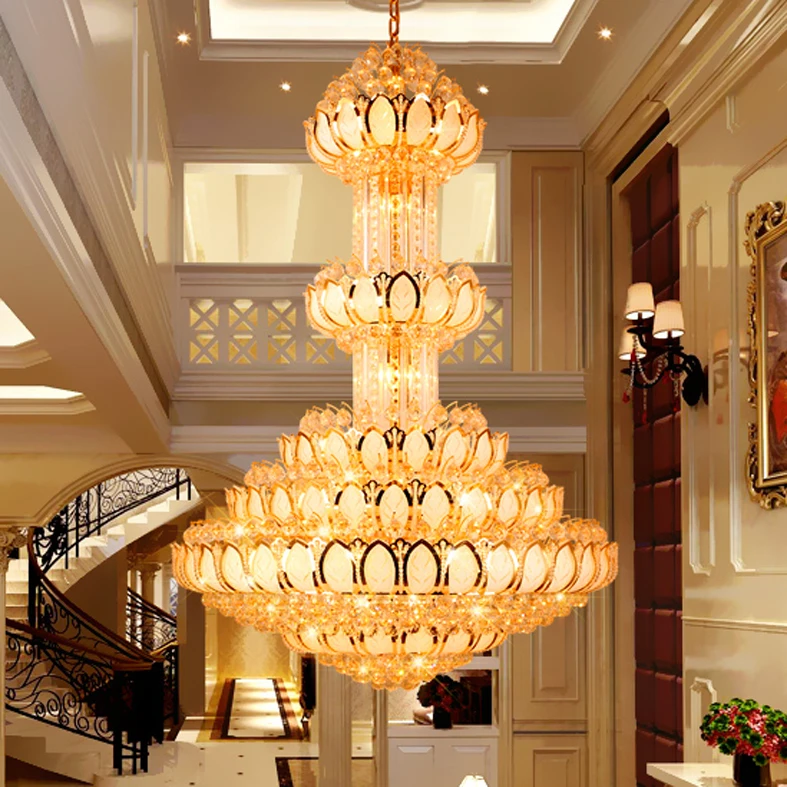 

Lotus Crystal Chandelier Lighting Fixture LED Gold Crystal Chandeliers Long Big Hotel Lobby Hall Villa Droplight Hanging Lamps