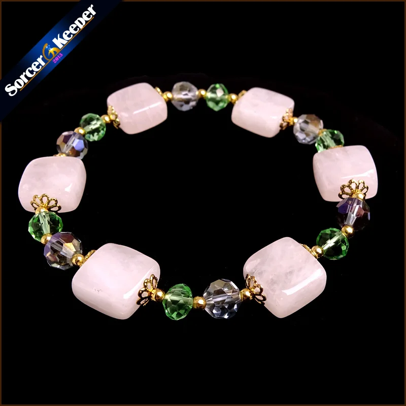 Reiki Natural Pink Quartz Charm SilverColor Bracelets & Bangles for Women With Crystal Beads Stretch Bracelet Femme Jewelry