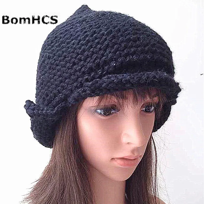 BomHCS 100% Handmade Crimping Ear Muff Spire Knitted Beanie Pointed Hat Cap Fashion Women Winter Warm Hat