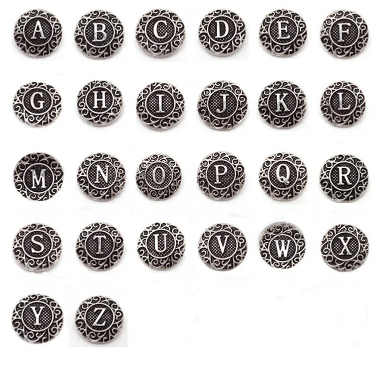 26pcs/lot Antique Silver A-Z Alphabet Snap Buttons Fit 18mm Letter Snap Jewelry DIY Bracelets&Bangles