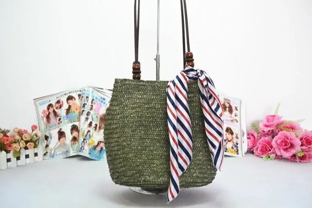 Scarf Bags Womens Wax With Laminated Wood Bead Decorative Straw Bags With a Scarf A2829