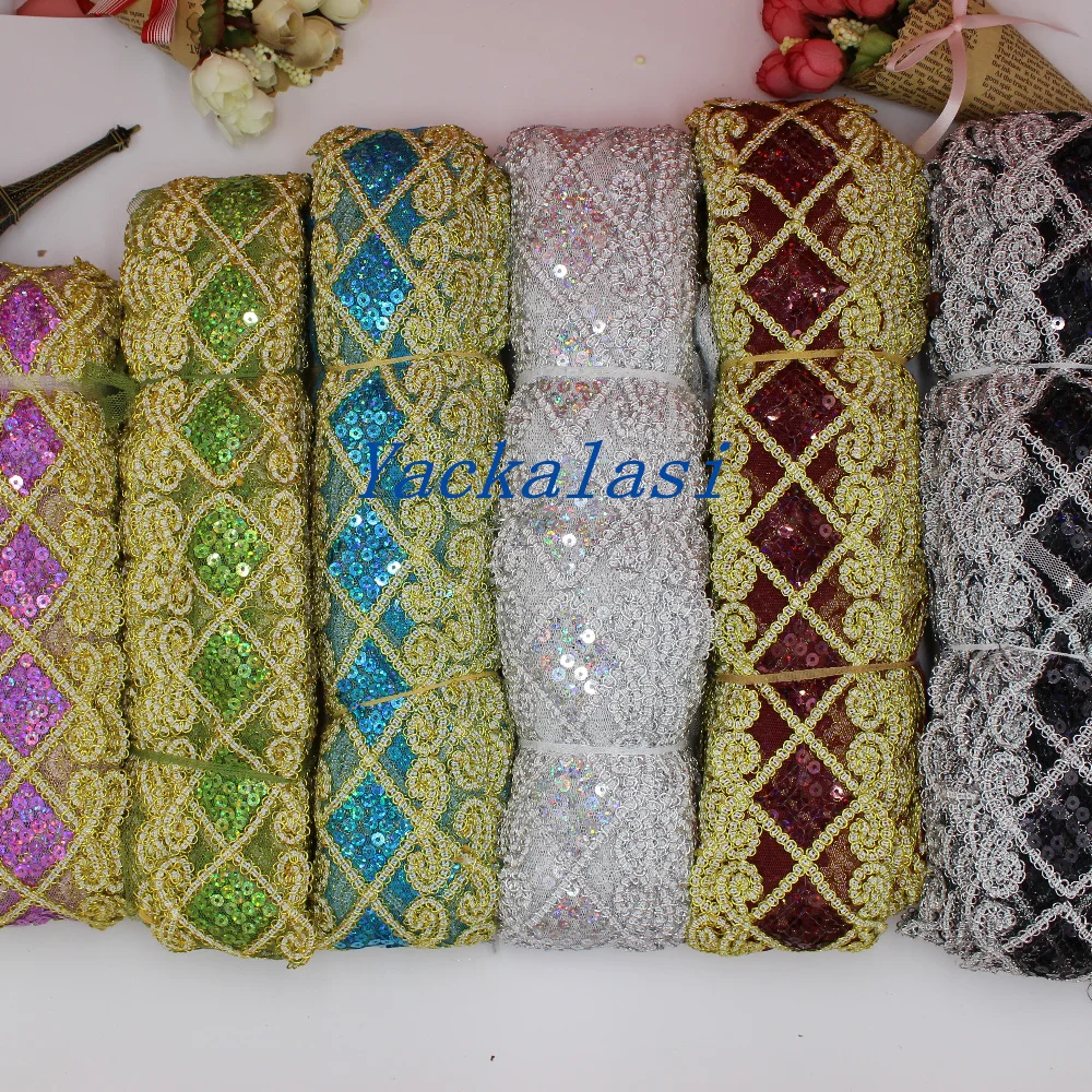 9 Yard Gold Embroidered Lace Appliques Sequined Lace Ribbon Band Sewing Apparel Trims Sequin Belt Squared Floral 2\'\'