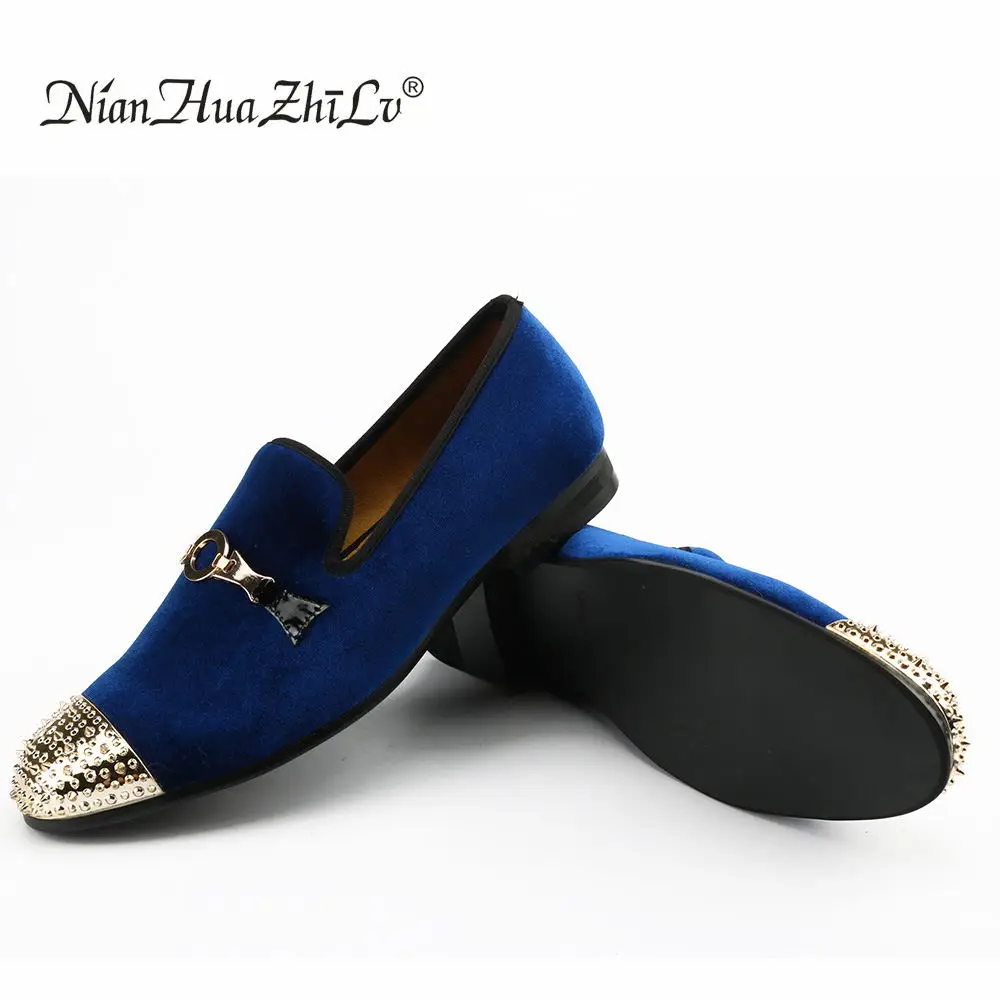 XQWFH Men Spiked Velvet Loafers Fashion Metal Rivet and Gold Buckle Casual Shoes Luxury Penny Slippers Soft Slip on Dress Shoes