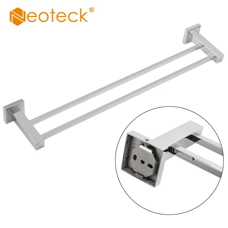 Neoteck 304 Stainless Steel Bathroom Square Wall Mounted Double 2 Bar towel holder Storage Rail Shelf Towel Rail Rack Holder