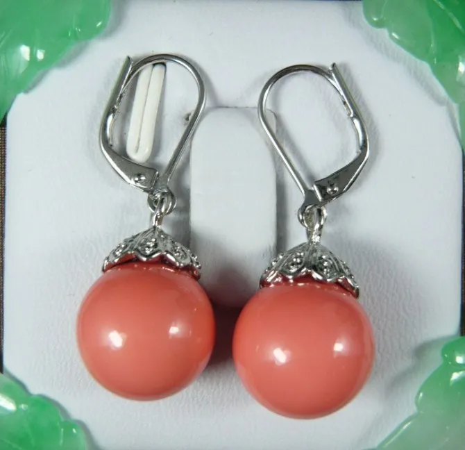 

10mm coral pink shell pearl bead drop earring laciness cap