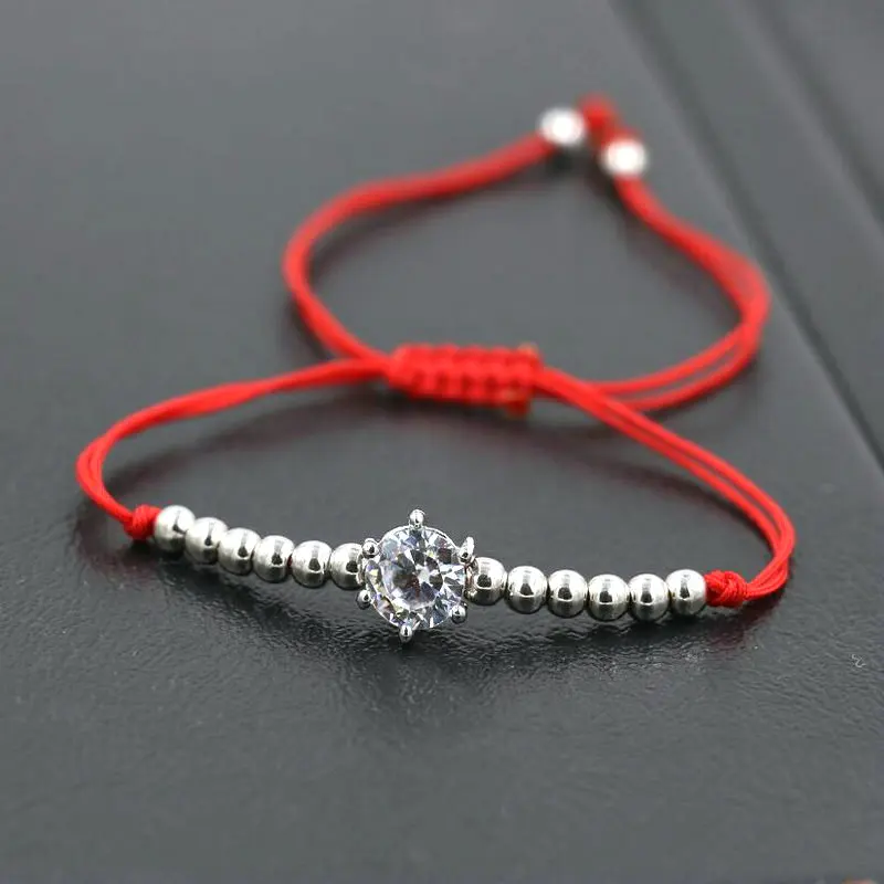 BPPCCR 2pcs/set Lucky Red Rope String Thread Braid Bracelets Shiny Crystal Zircon 4mm Copper Beads Silver Color Lovers Pulseira