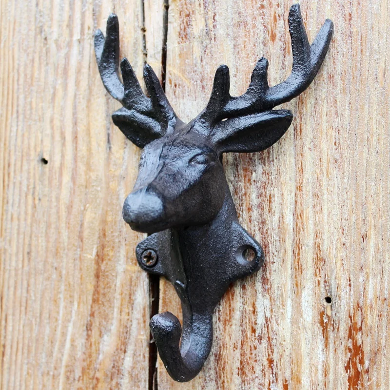 

European Farm House Accents Handmade Antique Black Reindeer Head Design Small Cast Iron Wall Mounted Hook With 1 Hanger For Coat