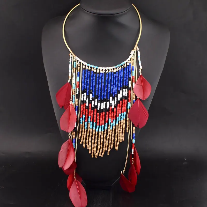 UKEN Bohemian Multicolor Beaded Feather Pendants Necklaces Ethnic Jewelry Women Long Resin Hanging Bead Statement Necklaces