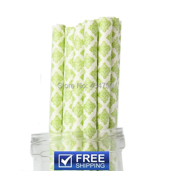 200 Pcs Party Paper Straws Lime Damask Print,Light Green Durable Birthday and Holiday Wedding Cake Pop Sticks,Choose Your Colors