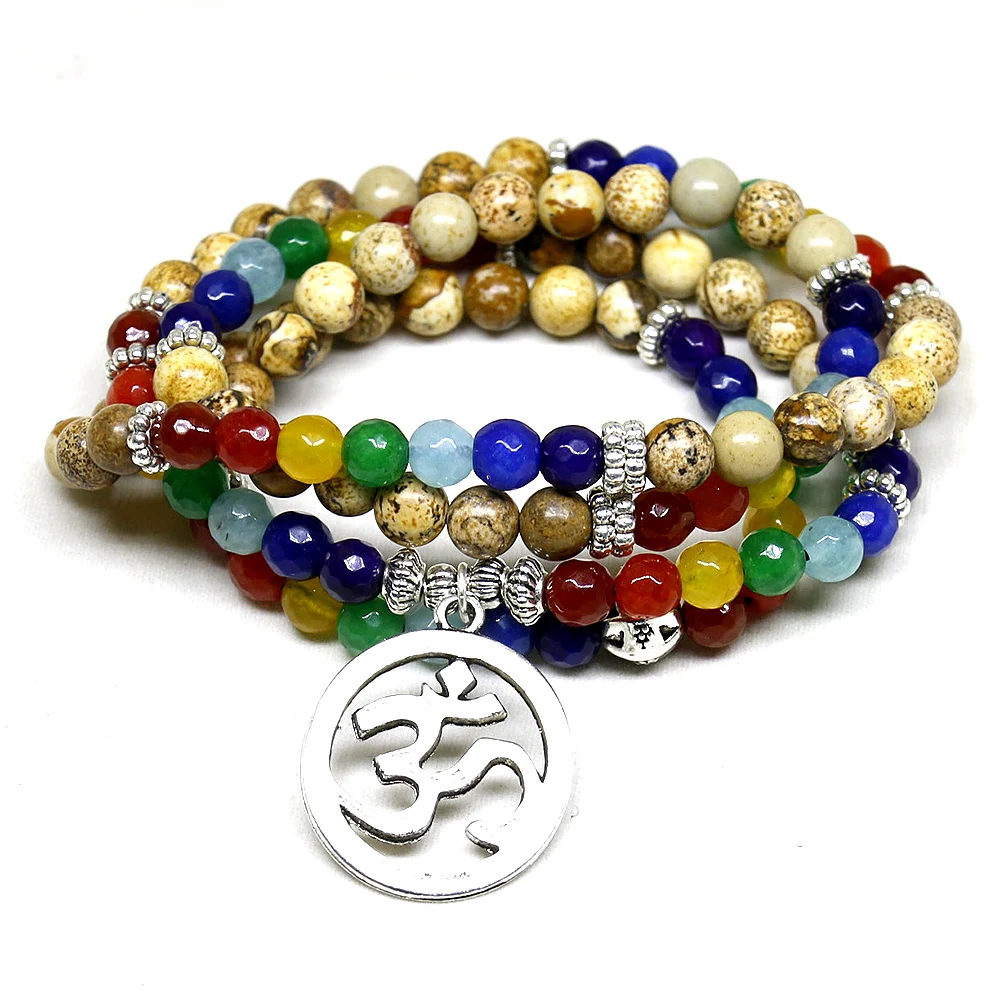 Pulseira de cura do equilíbrio de chakra, pulseira de pedra de cura reiki yoga, com contas de 108, bracelete multicamadas feminino e masculino
