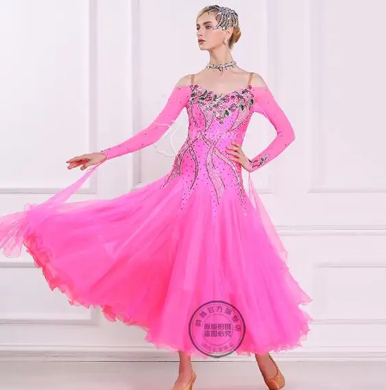 customize pink  embroidery adult Ballroom Fox trot Quick step tango Modern tango Waltz competition Dance Stage Dance Dress