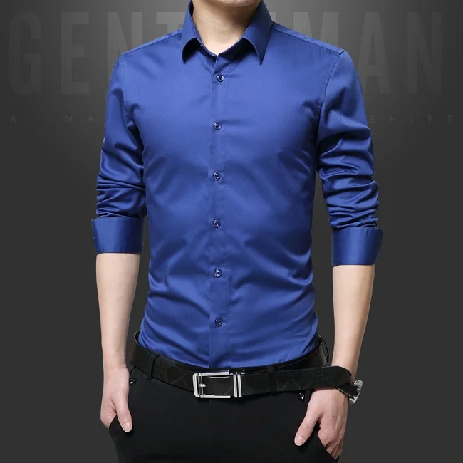 

Laipelar Brand Men Dress Shirts Mercerized Cotton Solid Color Slim Fit Long Sleeve Silk Shirt Smooth Mens Shirts Big Sizes S-5XL