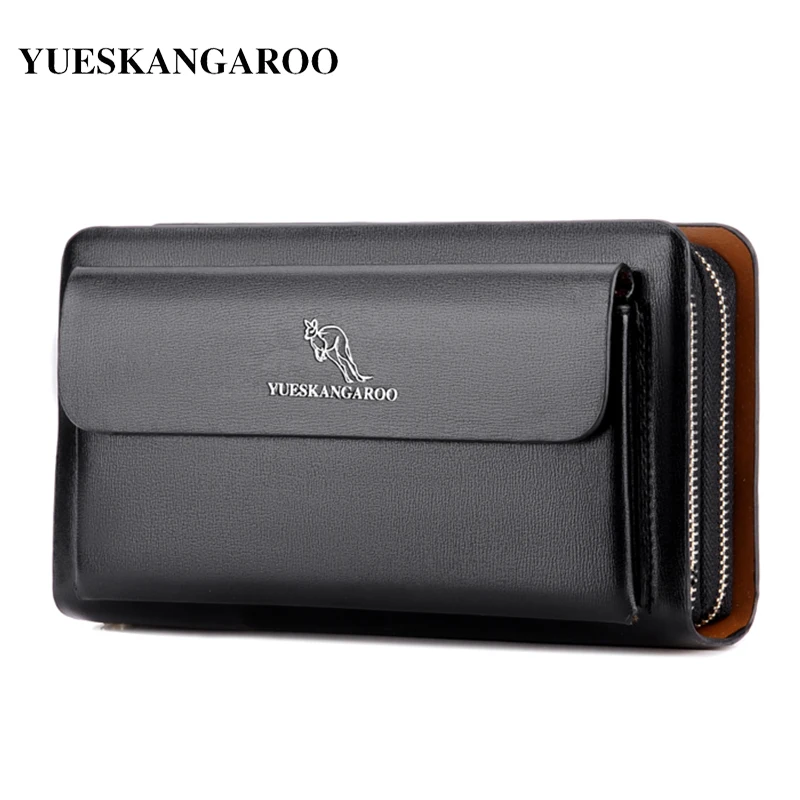 KANGAROO Brand Men Clutch Bag Fashion Leather Long Purse Double Zipper Business Wallet Black Brown Male Casual Handy Bag