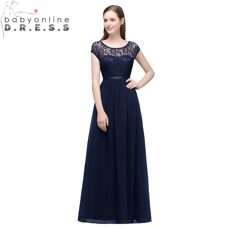 

Robe de Soiree Longue Sexy Transparent Lace Navy Blue Long Evening Dress Cheap Chiffon Evening Gown Vestido de Festa