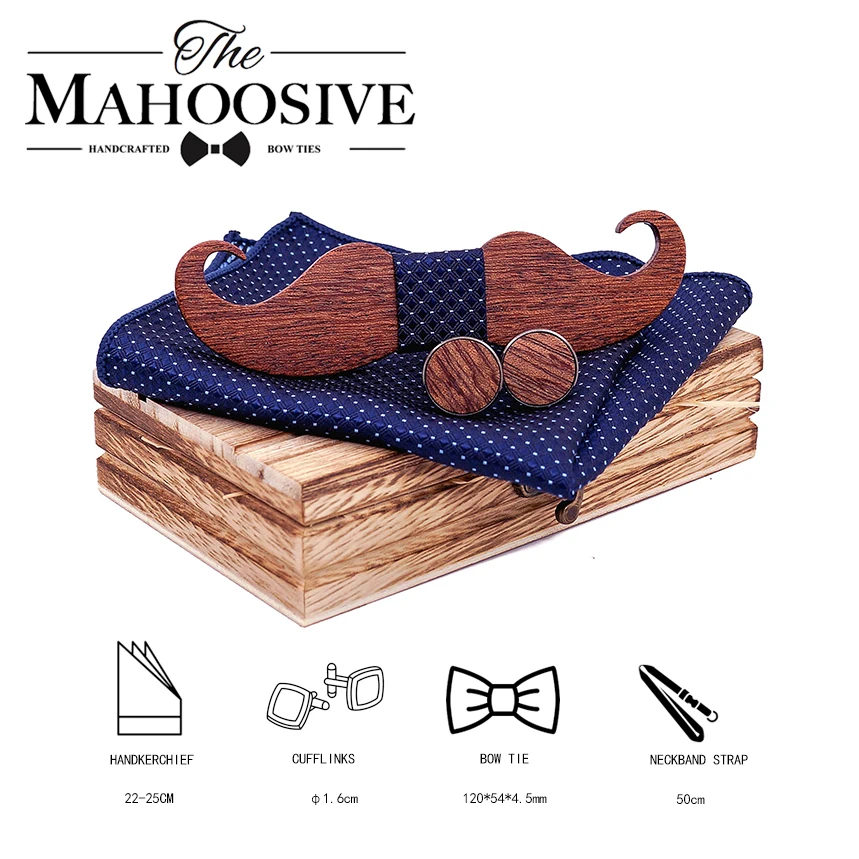 Mustache Wood Bowtie Handkerchief Cufflinks Sets for Mens Suit Wooden Bow tie dropshipping Bow Tie Bowknots Cravat