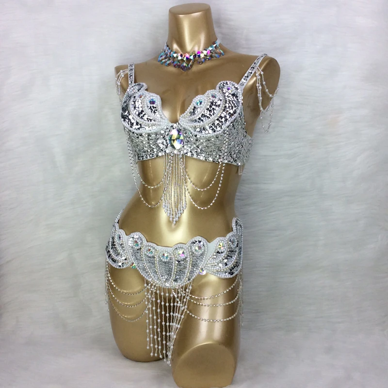 Nieuwe Aankomst Vrouwen Kralen Buikdans Kostuum Slijtage Beha + Riem Set Sexy Dames Buikdansen Carnaval Kostuums Bellydance Kleding