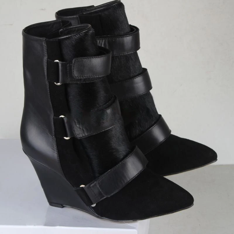

Women 2022 Black Pointed Toe Shoes Suede High Heels Ladies Booties Wedges Ankle Hook&Loop Boots Winter Big Size 45