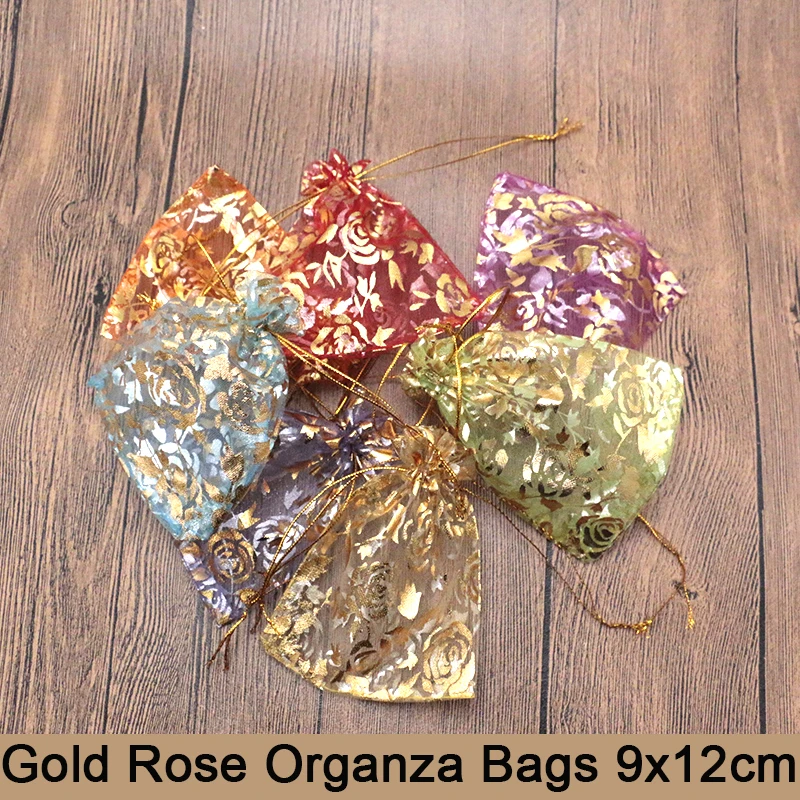 Wholesale 9x12cm Organza Bag 200pcs lot 12 Color Jewelry Packaging Earrings Wedding Gift Packaging Gold Rose Jewelry Pouches