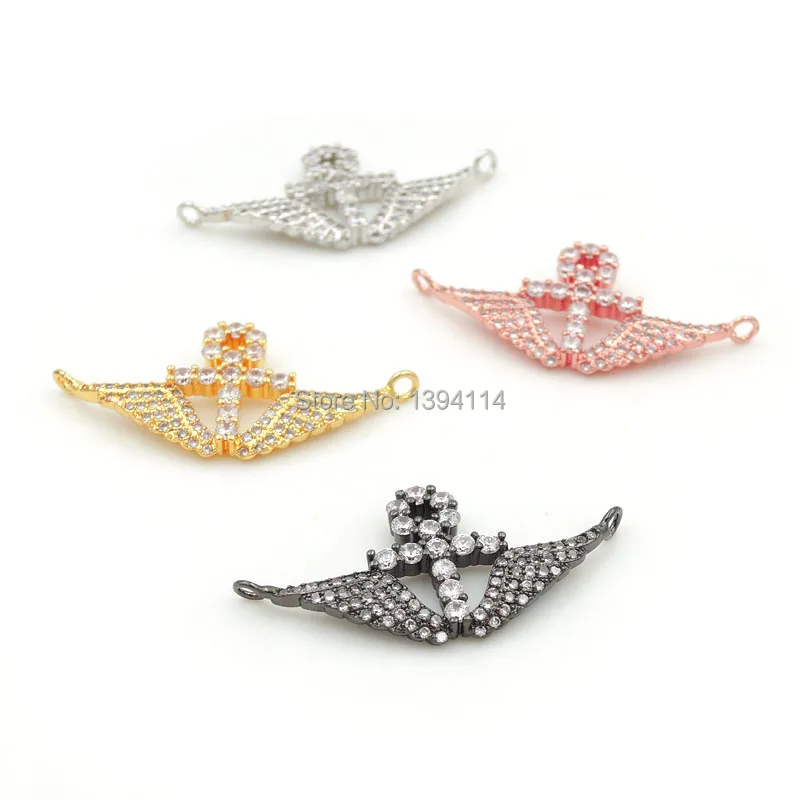 

34*14*3mm Micro Pave Clear CZ Arc Of 2 Wings&Cross Charm Of Double Circles Fit For Women As Necklaces Accessory