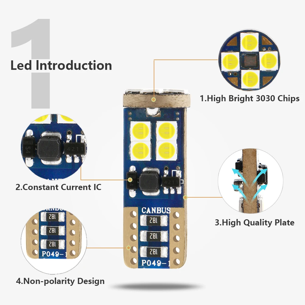 2 PCS T10 W5W led Canbus Error FREE 3030 12 SMD 720Lm LED Auto Wedge Bulbs Car Styling Trunk Lamps 12V DC Mix Colors