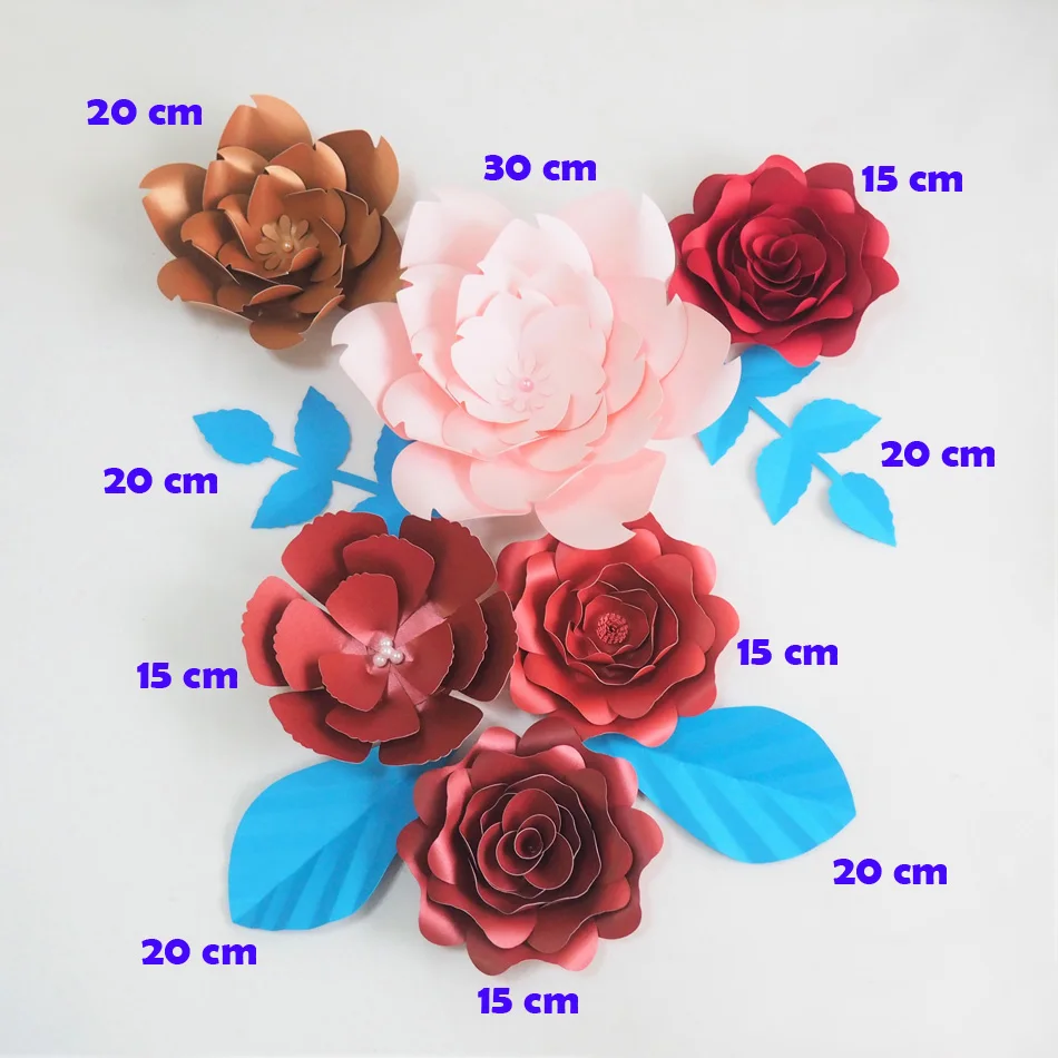 DIY Artificial Flowers Fleurs Artificielles Backdrop Giant Paper Flower Rose 6PCS + 4 Leaves For Bedroom Nursery Wall Decor