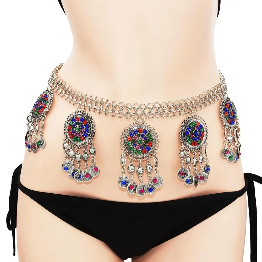 Turkey Sexy Ladies Belly Waist Chain Tribal Gypsy Silver Color Carved Flower Indian Crystal Beach Dance Belt Boho Body Jewelry