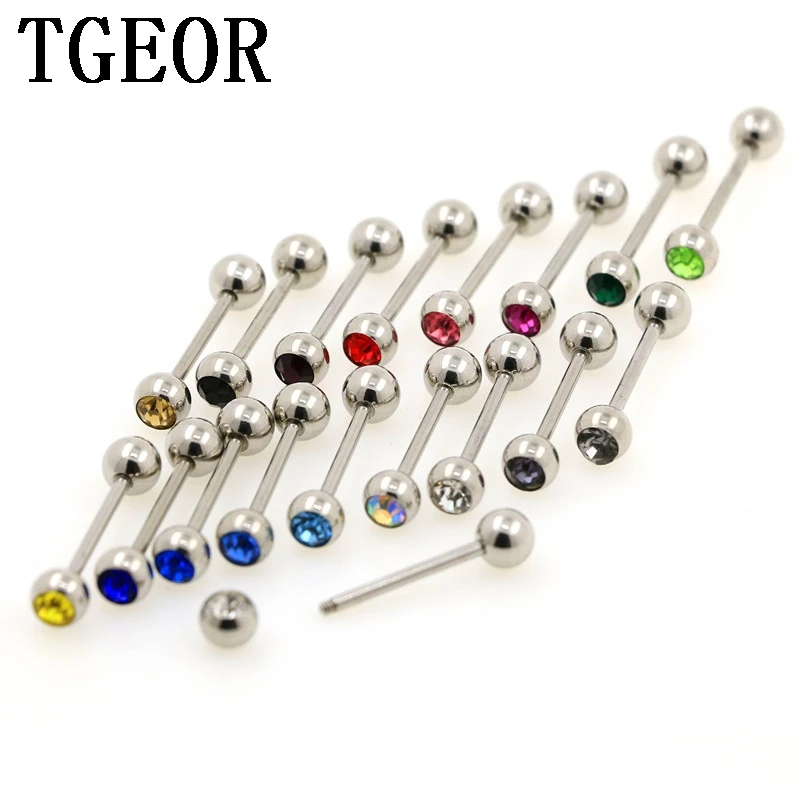 Free shipping wholesale Fashion Charm gem stone 60pcs surgical Stainless Steel barbell piercing tongue ring