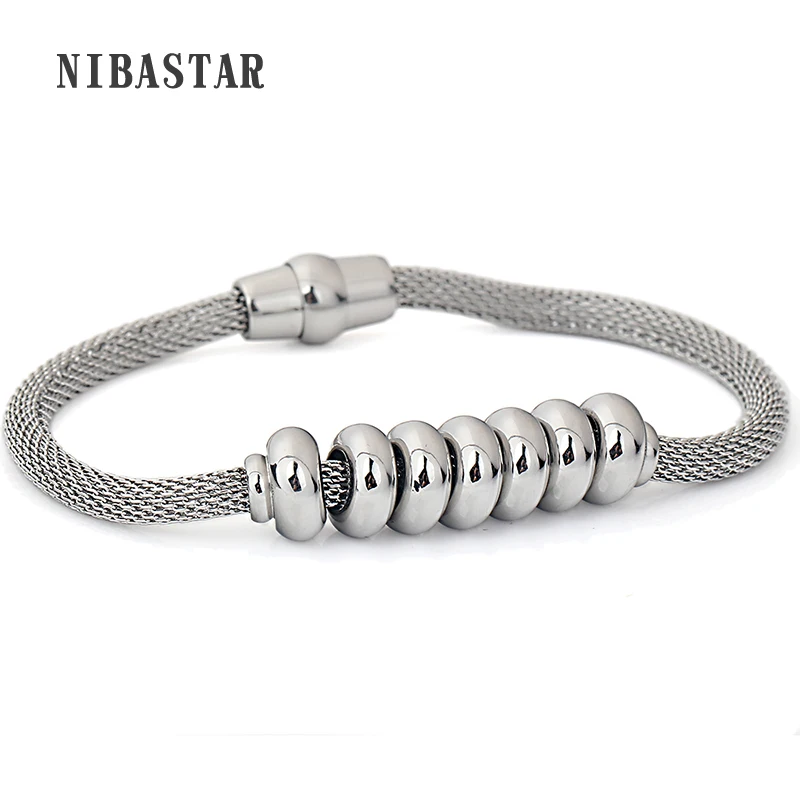 

Hot Jewelry Beads Charms Bracelet for Women Stainless Steel Net Snake Bracelet With Magnetic Clasp Bangle