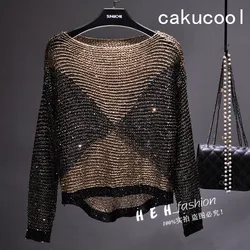 Cakucool Women Sequined Knit Top Long Batwing Sleeve O-neck Blouse Shiny Lurex Loose Pullover Color Patch Knitted shirt Femme