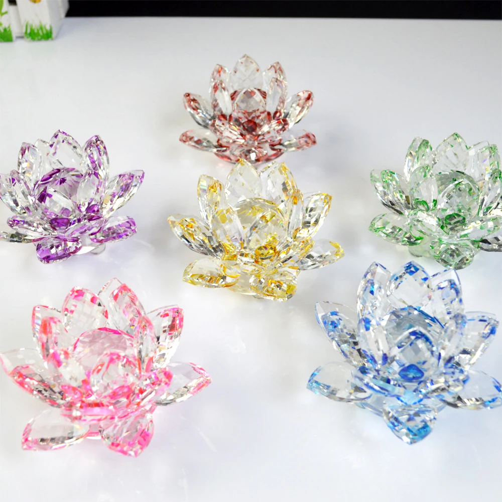 Crystal Lotus Flower Lotus Glass Figure Paperweight Ornament Feng Shui Decor Collections 120mm 1pcs Colorful