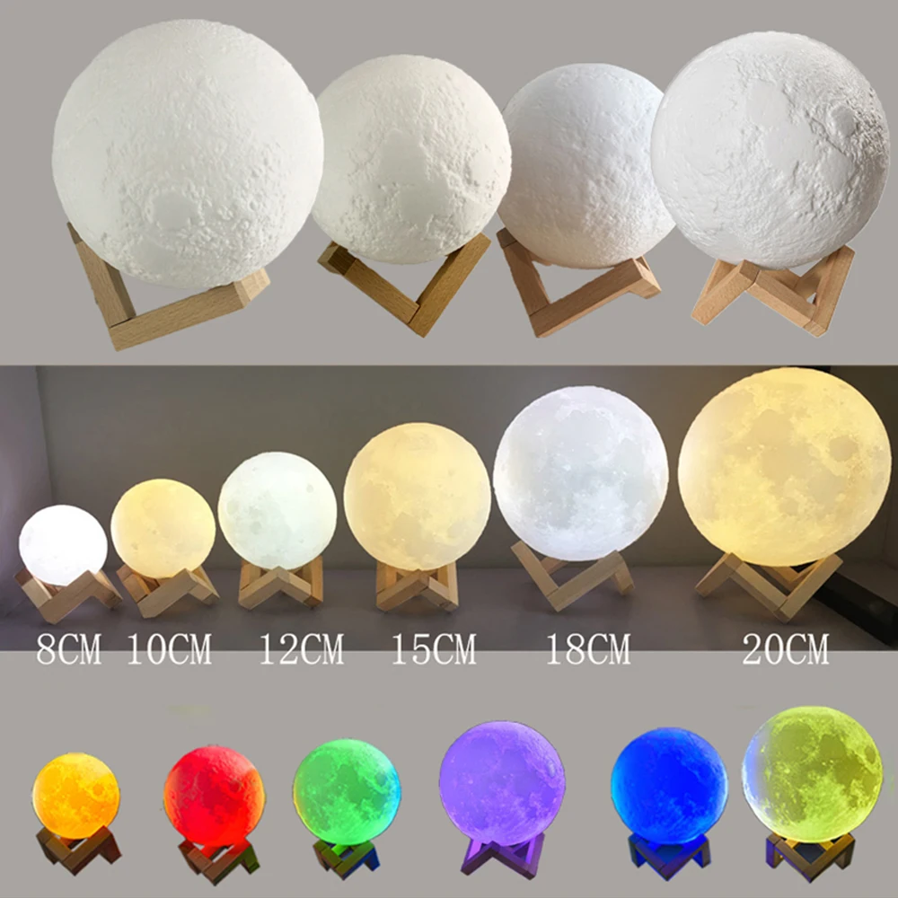 USB 충전식 달 램프 터치 스위치 LED 야간 조명, 침실 장식, 생일 선물, 다채로운 변화, 3D 프린트