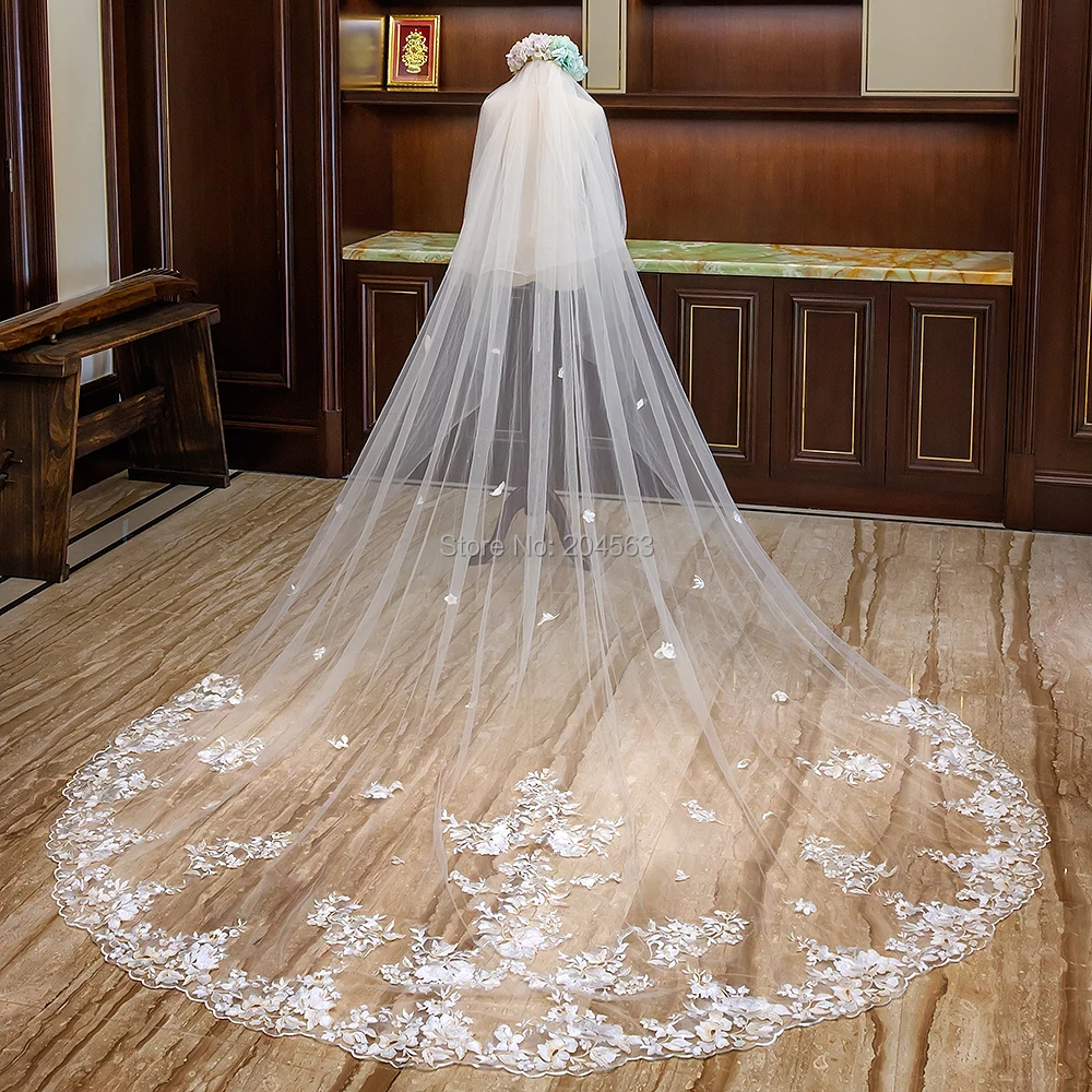 Two-Layer Lace Wedding Veil with Champagne Appliques Stunning Long Bridal Veils with Comb AX2019