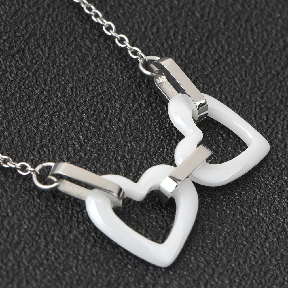 Fashion White Ceramic Double Heart Pendants Necklace Stainless Steel Link Chain Choker Necklace Women Jewelry Collier