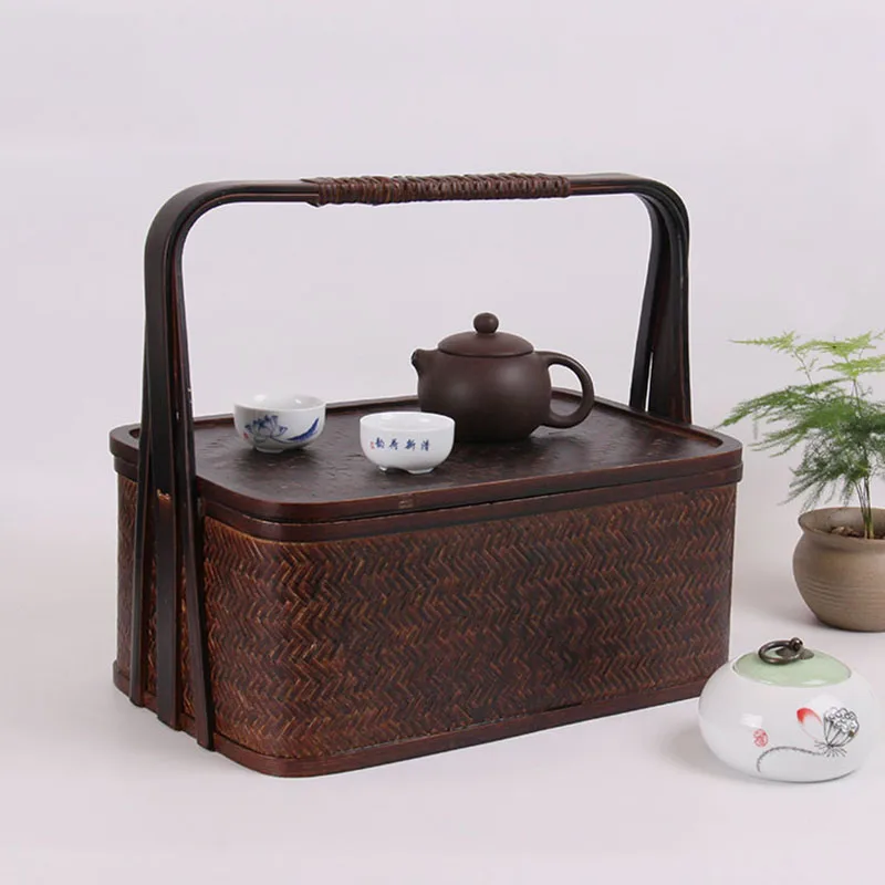 Natural Material Travel Bamboo Food Container Travel Basket For Tea Set Fruit Piknik Travelling Dessert Candy Storage Bamboo Box