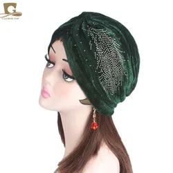 Nowe mody kobiety luksusowe aksamitne turban rhinestone wzburzyć turban czepek do włosów Turbante kapelusz kobiety hidżab nakrycia głowy