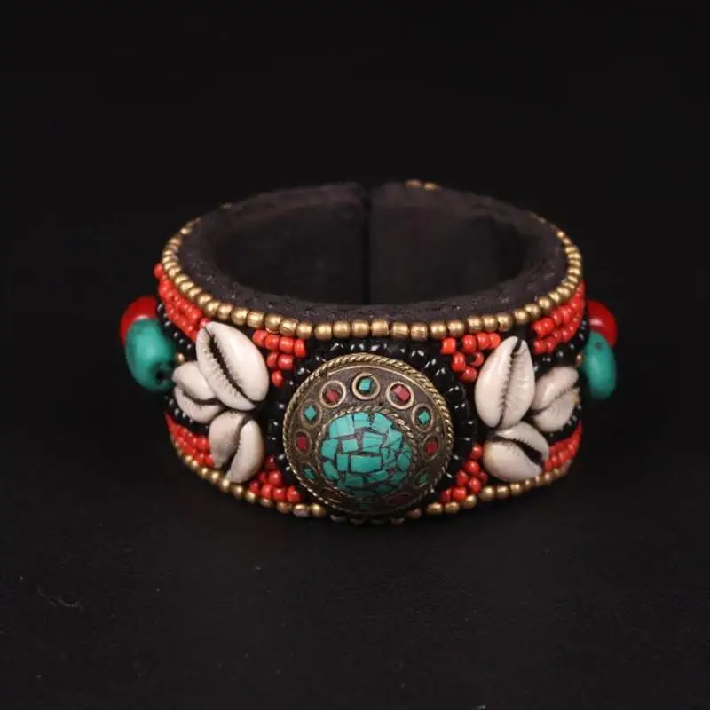 BB-168 Tibetan Fashion Open Cuff Bangle Tibet Ethnic Hand Sewed Shells Bohemian Bangle