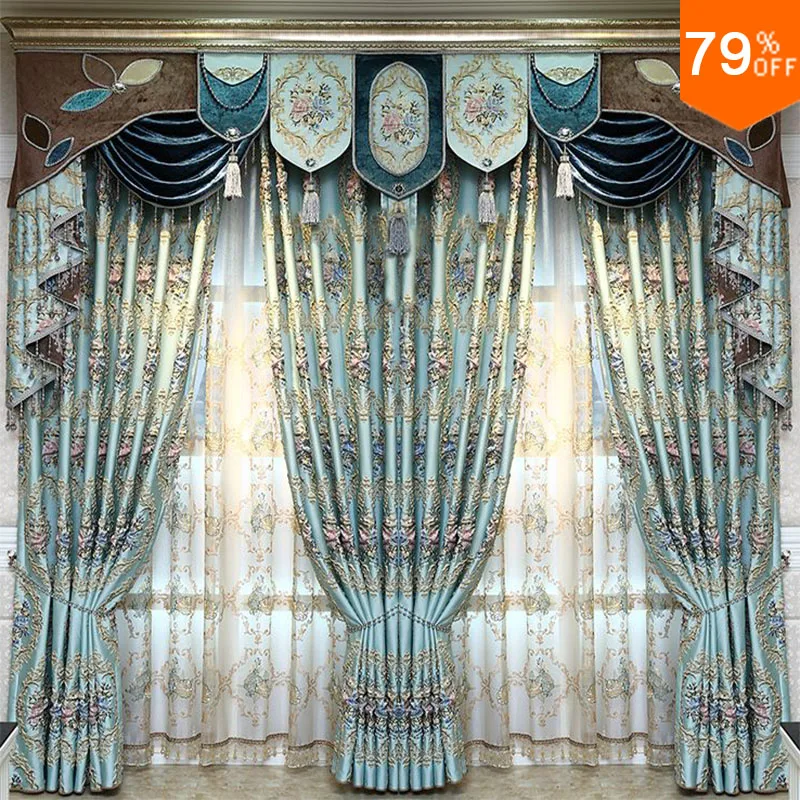 Light Blue grey palace Luxury embroidery For big hall Live room drapery drapes finished Curtain for 2 meter to 2.5 Meter window