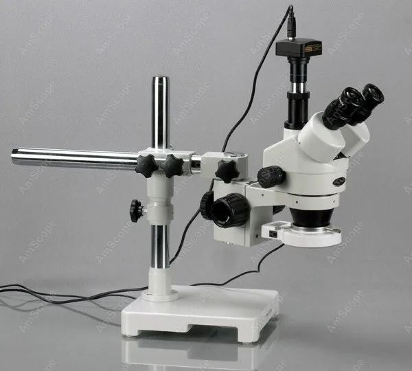 Trinocular LED Boom Stand Microscope--AmScope Supplies 7X-45X Trinocular LED Boom Stand Stereo Zoom Microscope + 1.3MP Camera