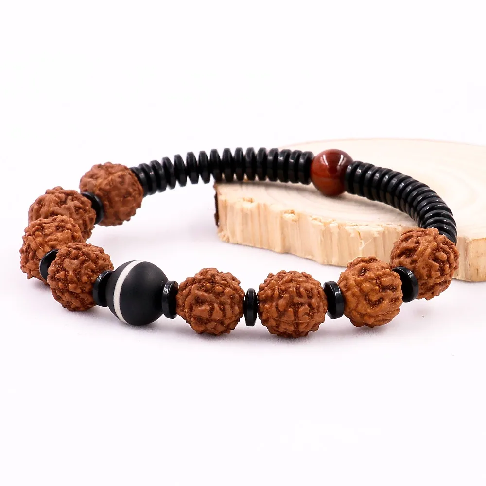 Natural 10mm Rudraksha Beads Tibetan Unisex Red Tiger\'s Eye Yoga Meditation Ethnic Macrame Bracelet For Women and Men