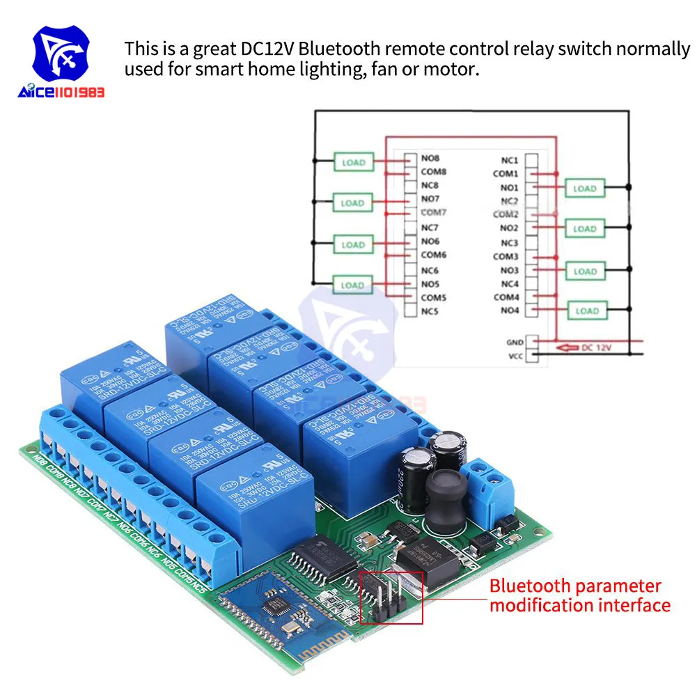 12V 8 Channel Bluetooth Modul Relay Remote Control Switch Board UNTUK Android Smart Home