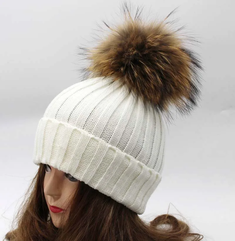 18cm Big Pompon Autumn Winter Beanie Women\'s Hat Real Fur Pompom Cap Solid Knitted Skullies Beanies For Ladies