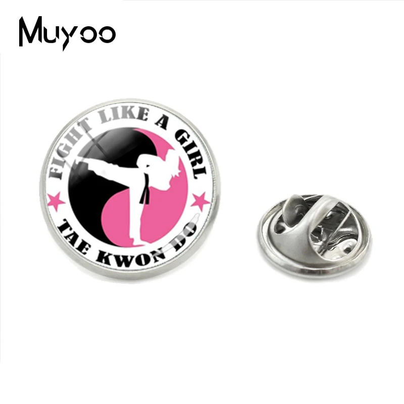 Nova moda quente estilo na moda jóias colar pinos broches tae kwon do luta logotipo redondo vidro moda cabochão metal lapela pinos