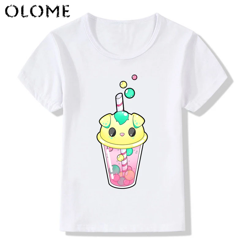 Kawaii kubek herbaty drukuj dziewczynek chłopców T-Shirt dla dzieci gorąca sprzedaż lato śliczne Tshirt śmieszne kolorowe bąbelki dzieci O-Neck na co dzień topy